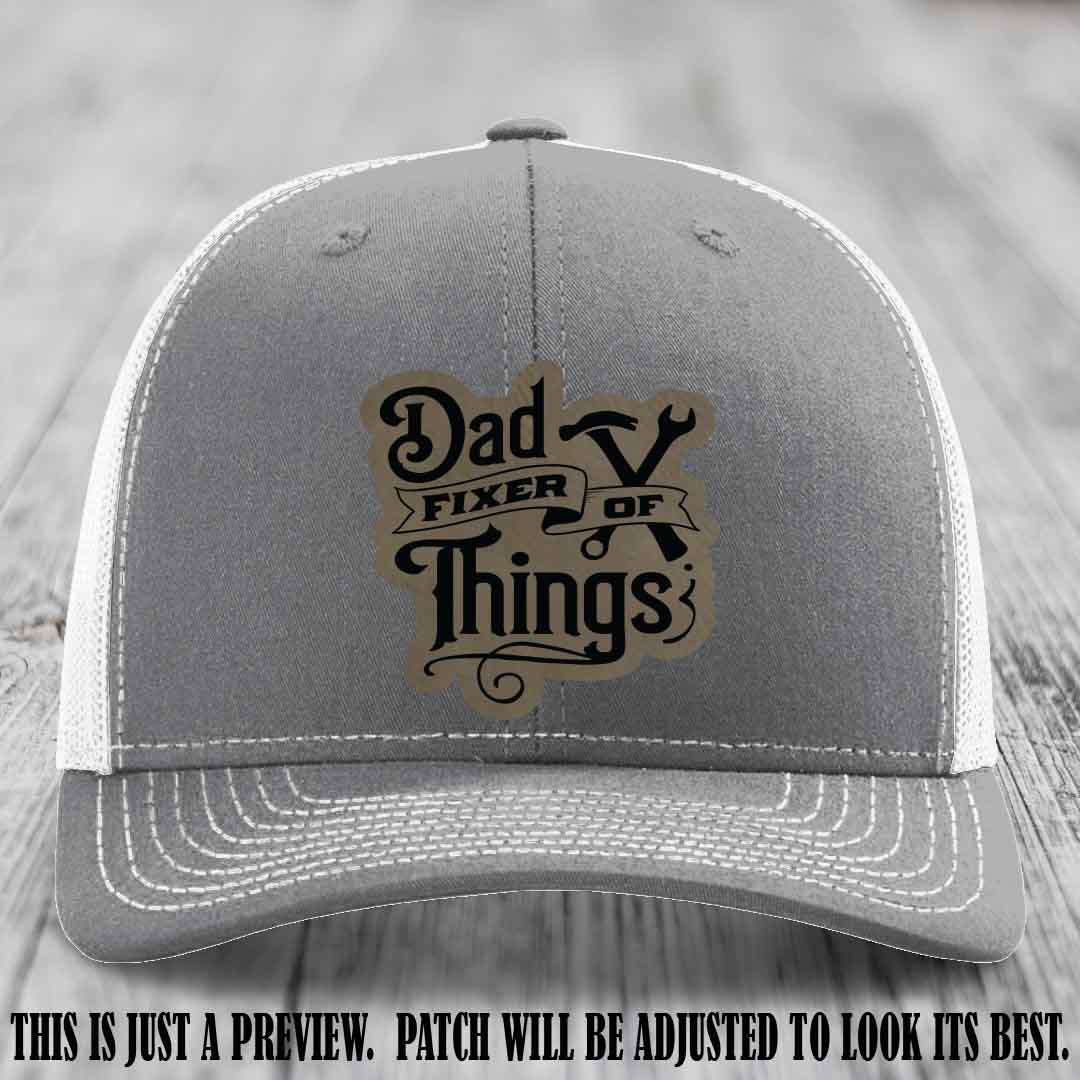 Dad Fixer of Things 🔧 Leather Patch Hat – Light Brown to Black Patch on Heather Grey to White Hat