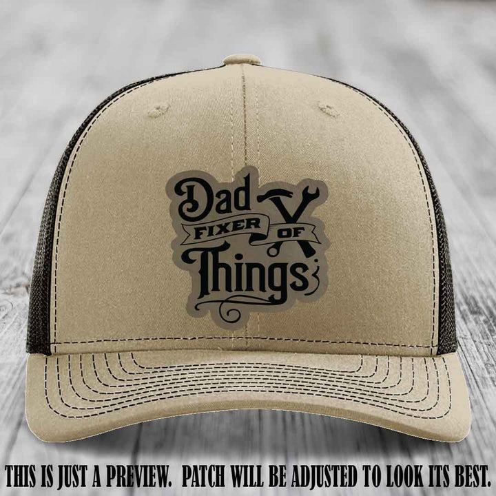 Dad Fixer of Things 🔧 Leather Patch Hat – Light Brown to Black Patch on Khaki to Coffee Hat