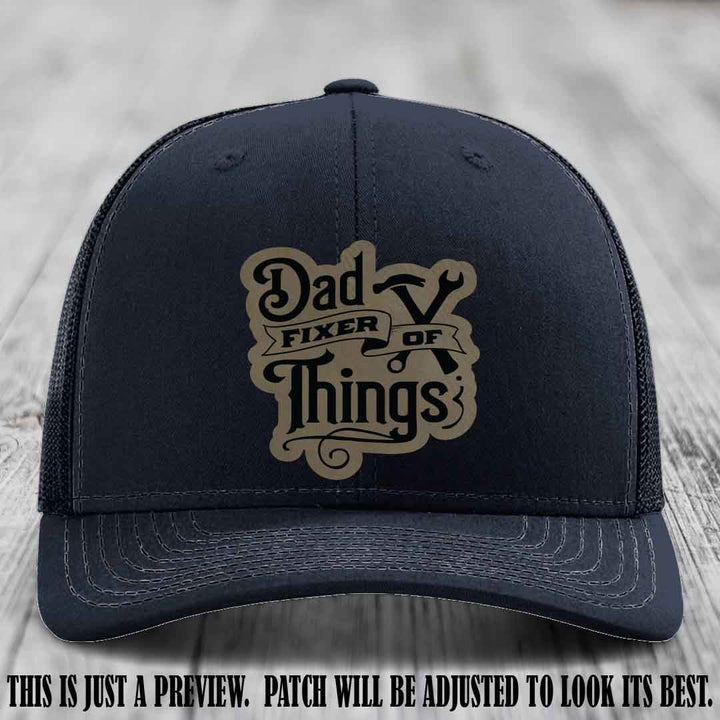 Dad Fixer of Things 🔧 Leather Patch Hat – Light Brown to Black Patch on Navy Hat
