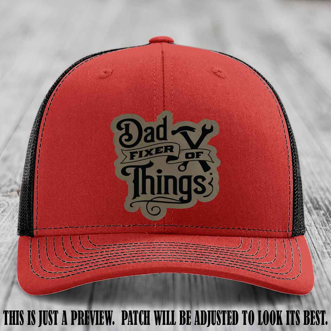 Dad Fixer of Things 🔧 Leather Patch Hat – Light Brown to Black Patch on Red to Black Hat