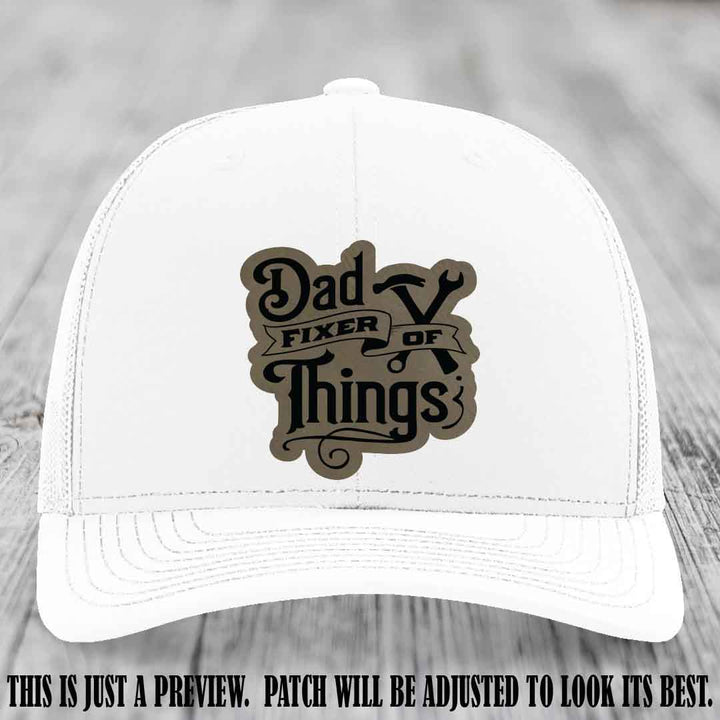 Dad Fixer of Things 🔧 Leather Patch Hat – Light Brown to Black Patch on White Hat