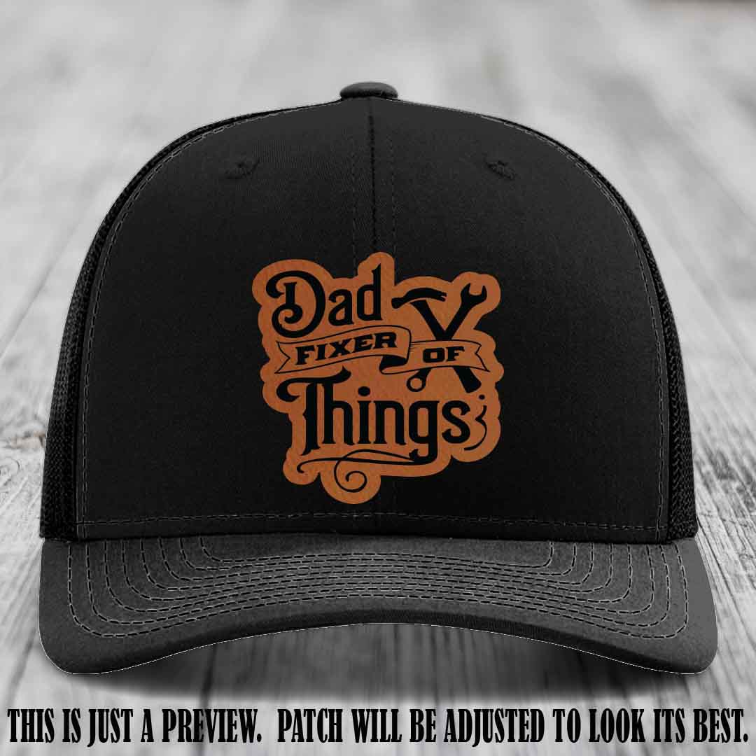 Dad Fixer of Things 🔧 Leather Patch Hat – Rawhide to Black Patch on Black Hat