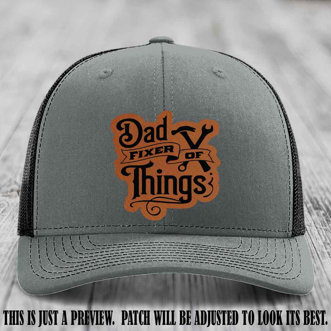 Dad Fixer of Things 🔧 Leather Patch Hat – Rawhide to Black Patch on Heather Grey to Black Hat