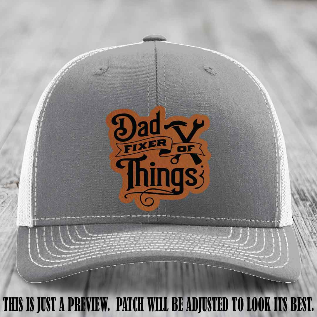 Dad Fixer of Things 🔧 Leather Patch Hat – Rawhide to Black Patch on Heather Grey to White Hat
