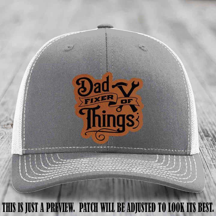 Dad Fixer of Things 🔧 Leather Patch Hat – Rawhide to Black Patch on Heather Grey to White Hat