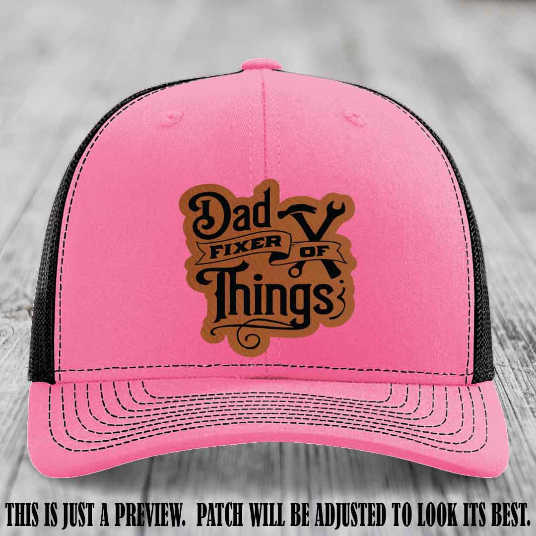Dad Fixer of Things 🔧 Leather Patch Hat – Rawhide to Black Patch on Hot Pink to Black Hat