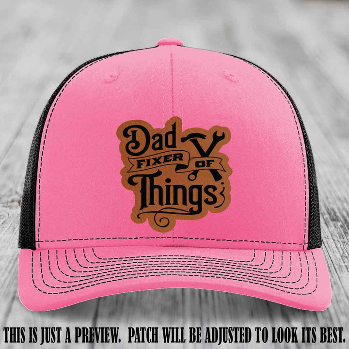 Dad Fixer of Things 🔧 Leather Patch Hat – Rawhide to Black Patch on Hot Pink to Black Hat