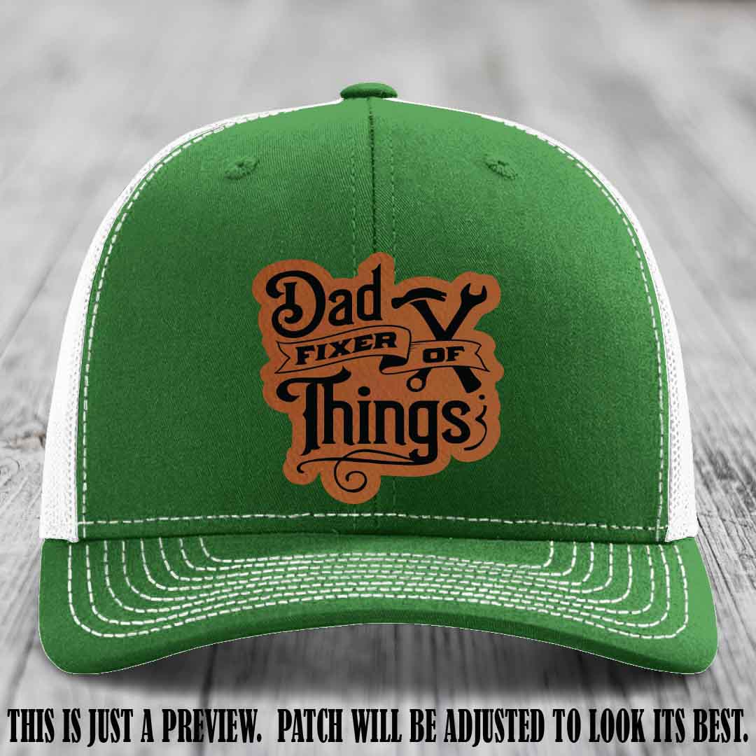 Dad Fixer of Things 🔧 Leather Patch Hat – Rawhide to Black Patch on Kelly to White Hat