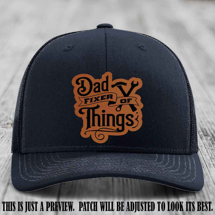 Dad Fixer of Things 🔧 Leather Patch Hat – Rawhide to Black Patch on Navy Hat
