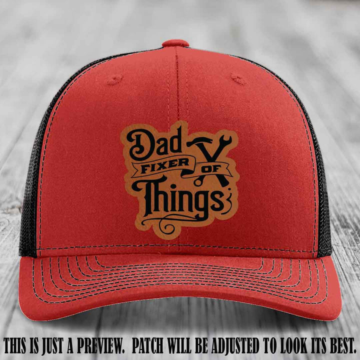 Dad Fixer of Things 🔧 Leather Patch Hat – Rawhide to Black Patch on Red to Black Hat