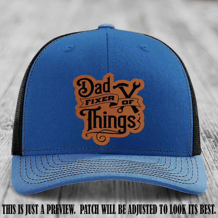 Dad Fixer of Things 🔧 Leather Patch Hat – Rawhide to Black Patch on Royal to Black Hat