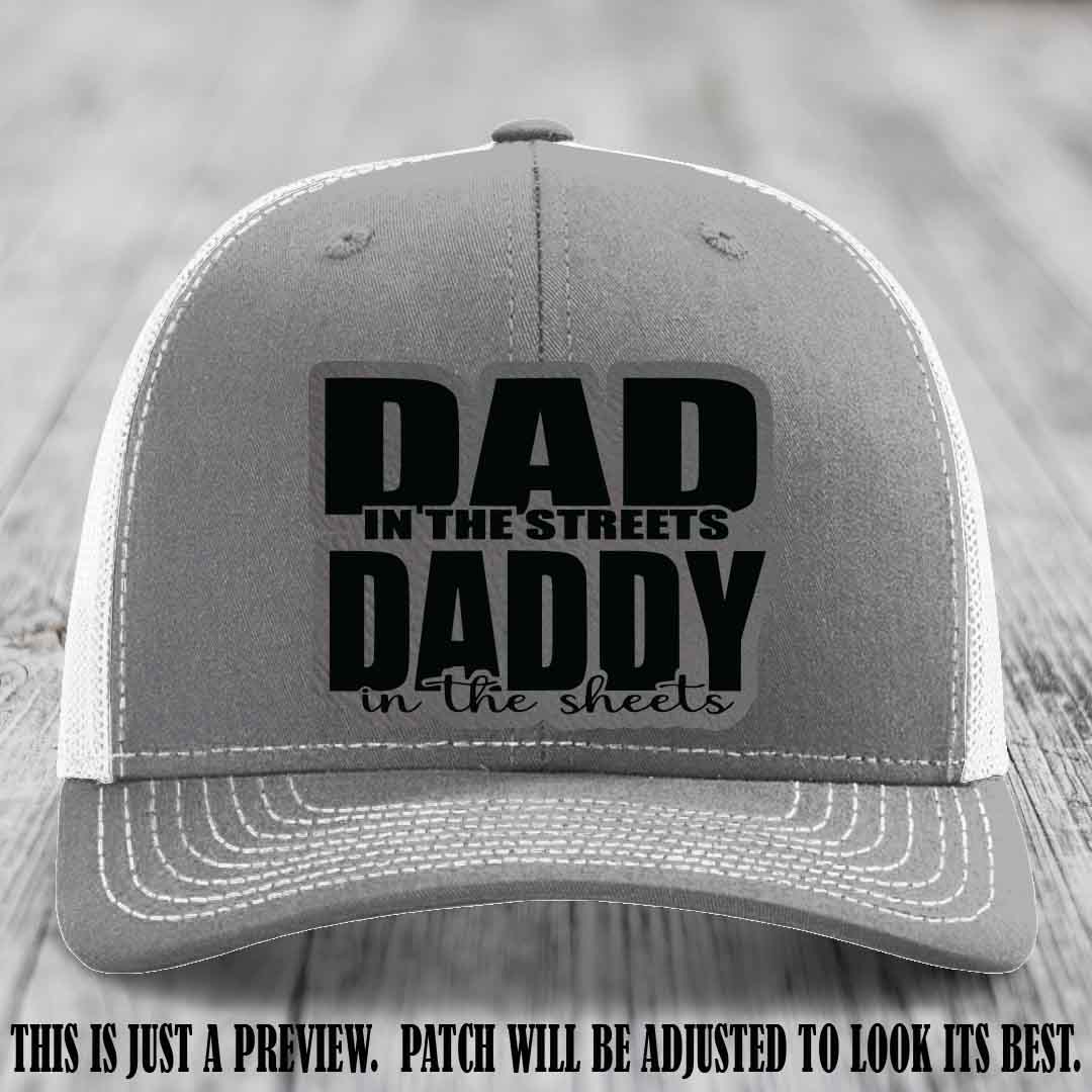 Dad in the Streets Daddy in the Sheets 🔥 Leather Patch Hat - Grey to Black Patch on Heather Grey to White Hat
