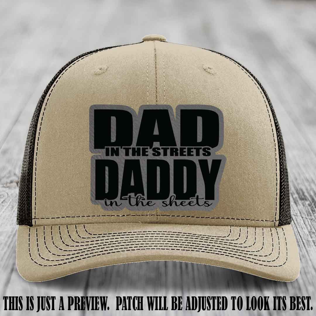 Dad in the Streets Daddy in the Sheets 🔥 Leather Patch Hat - Grey to Black Patch on Khaki to Coffee Hat