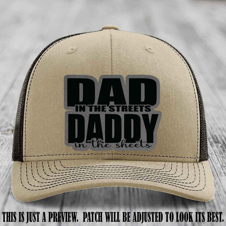 Dad in the Streets Daddy in the Sheets 🔥 Leather Patch Hat - Grey to Black Patch on Khaki to Coffee Hat