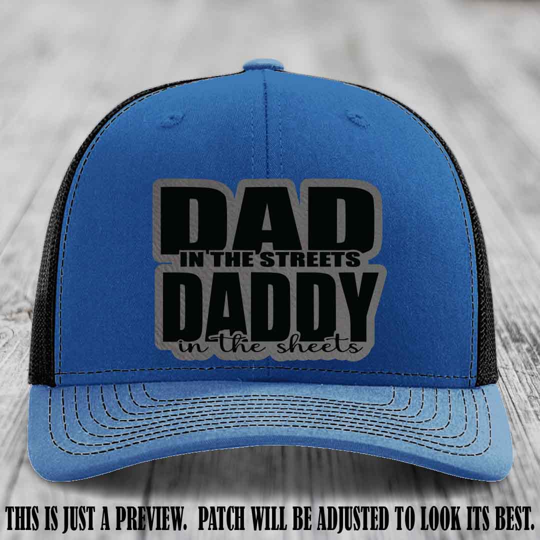 Dad in the Streets Daddy in the Sheets 🔥 Leather Patch Hat - Grey to Black Patch on Royal to Black Hat