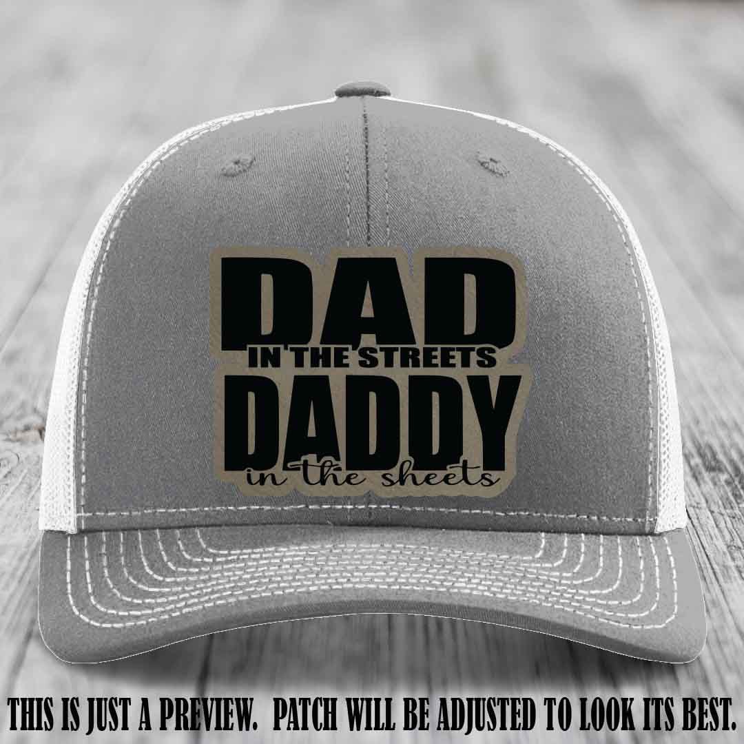 Dad in the Streets Daddy in the Sheets 🔥 Leather Patch Hat - Light Brown to Black Patch on Heather Grey to White Hat