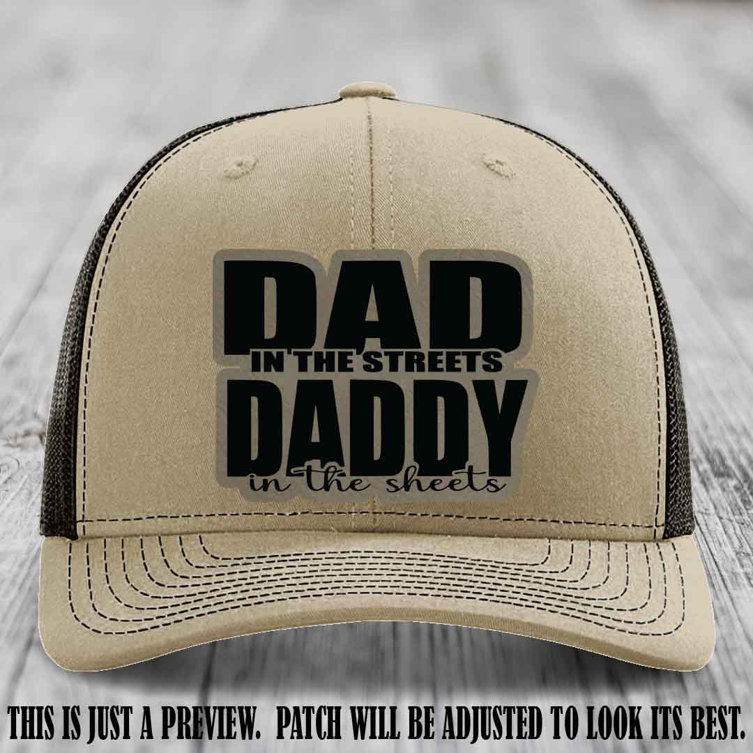 Dad in the Streets Daddy in the Sheets 🔥 Leather Patch Hat - Light Brown to Black Patch on Khaki to Coffee Hat