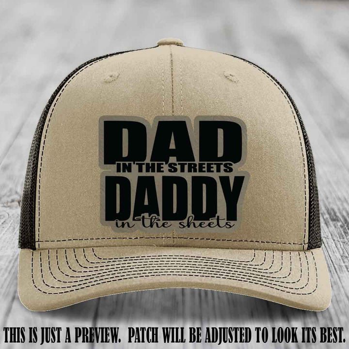 Dad in the Streets Daddy in the Sheets 🔥 Leather Patch Hat - Light Brown to Black Patch on Khaki to Coffee Hat