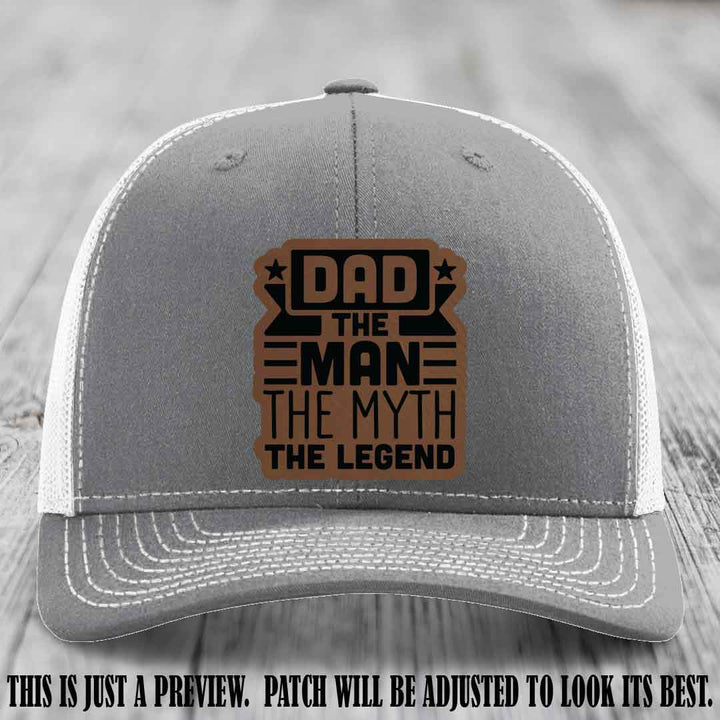 Dad The Man The Myth The Legend 🧢 Leather Patch Hat - Dark Brown to Black Patch 🔥 on Heather Grey to White Hat - Funny Custom Leather Patch Hat