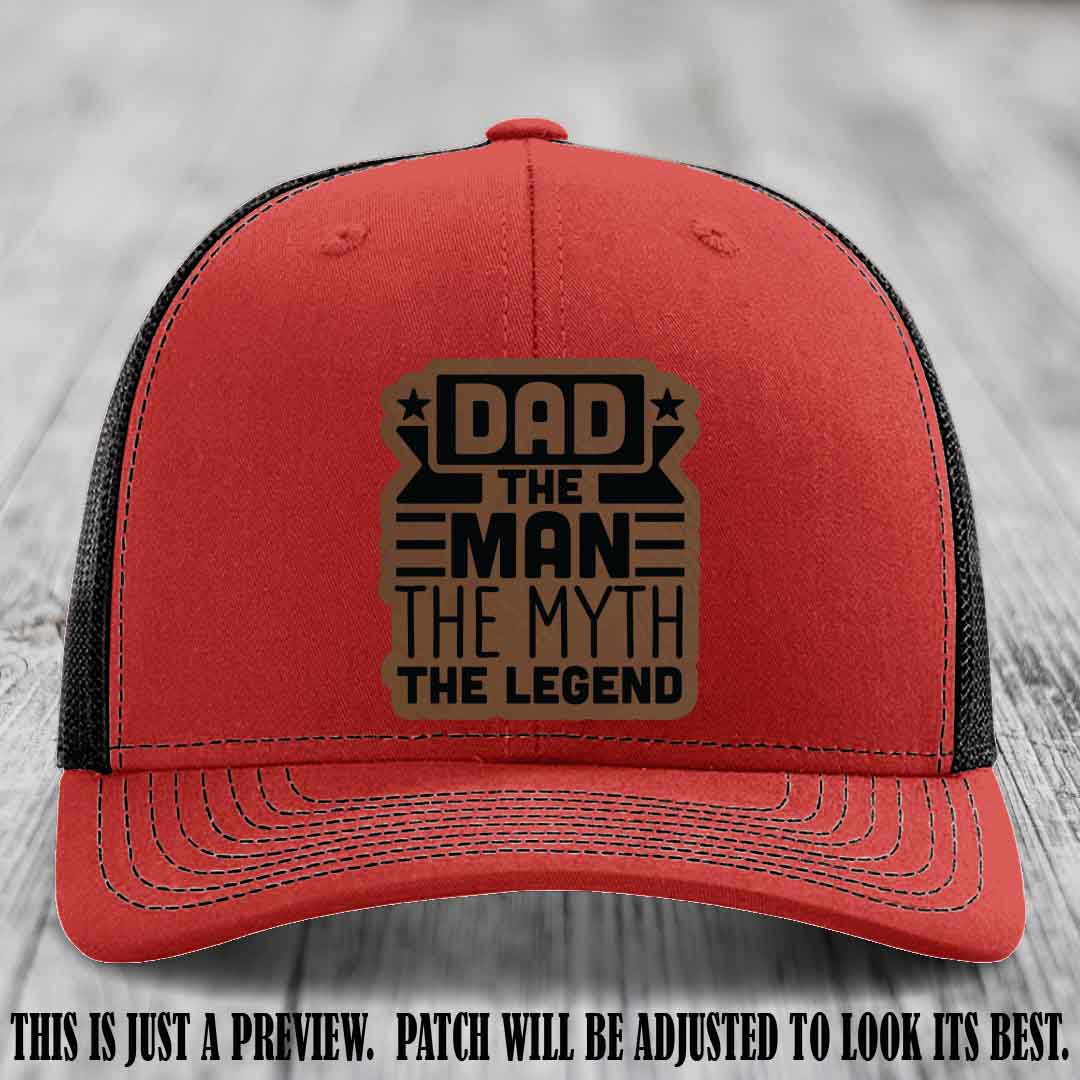 Dad The Man The Myth The Legend 🧢 Leather Patch Hat - Dark Brown to Black Patch 🔥 on Red to Black Hat - Funny Custom Leather Patch Hat