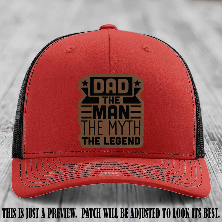 Dad The Man The Myth The Legend 🧢 Leather Patch Hat - Dark Brown to Black Patch 🔥 on Red to Black Hat - Funny Custom Leather Patch Hat