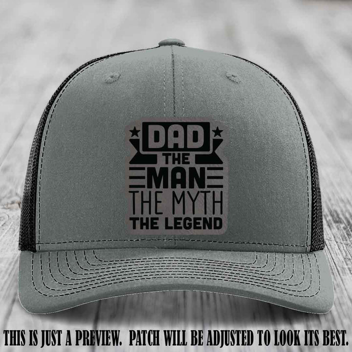 Dad The Man The Myth The Legend 🧢 Leather Patch Hat - Grey to Black Patch 😎 on Heather Grey to Black Hat - Funny Custom Leather Patch Hat