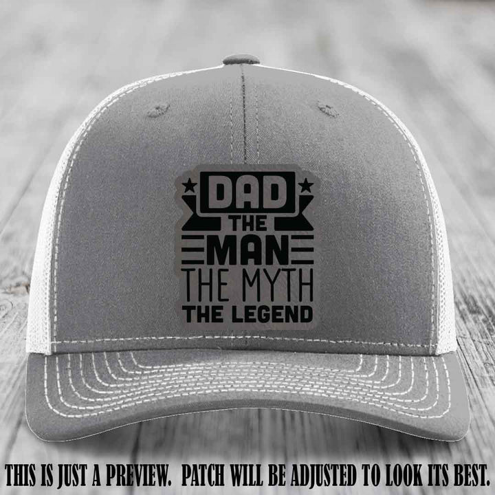 Dad The Man The Myth The Legend 🧢 Leather Patch Hat - Grey to Black Patch 😎 on Heather Grey to White Hat - Funny Custom Leather Patch Hat