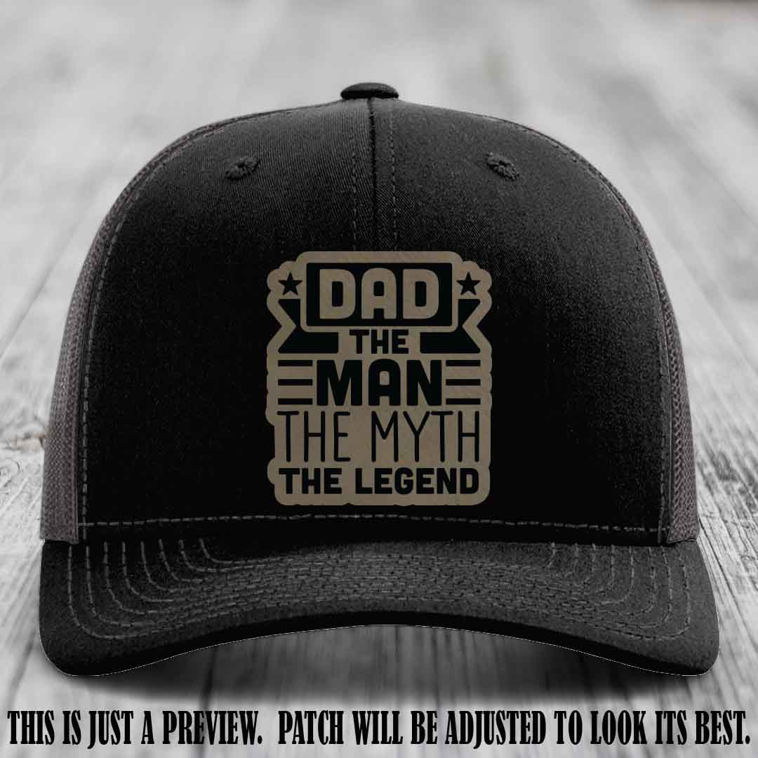 Dad The Man The Myth The Legend 🧢 Leather Patch Hat - Light Brown to Black Patch 🍻 on Black to Charcoal Hat - Funny Custom Leather Patch Hat