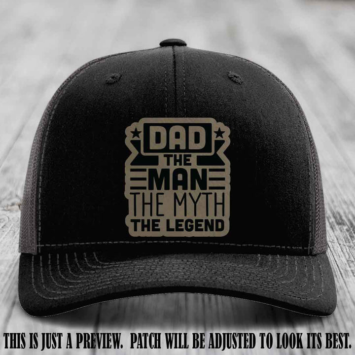 Dad The Man The Myth The Legend 🧢 Leather Patch Hat - Light Brown to Black Patch 🍻 on Black to Charcoal Hat - Funny Custom Leather Patch Hat