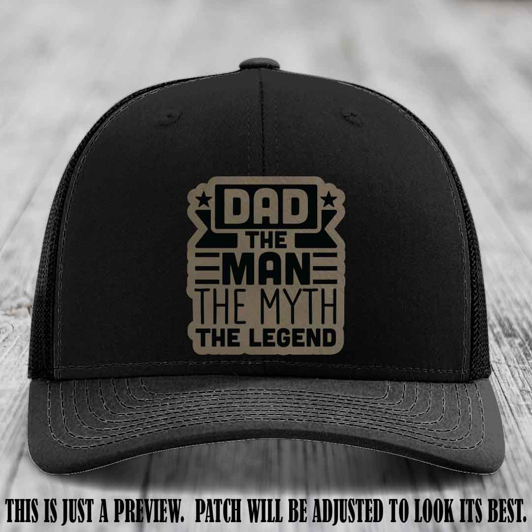 Dad The Man The Myth The Legend 🧢 Leather Patch Hat - Light Brown to Black Patch 🍻 on Black Hat - Funny Custom Leather Patch Hat