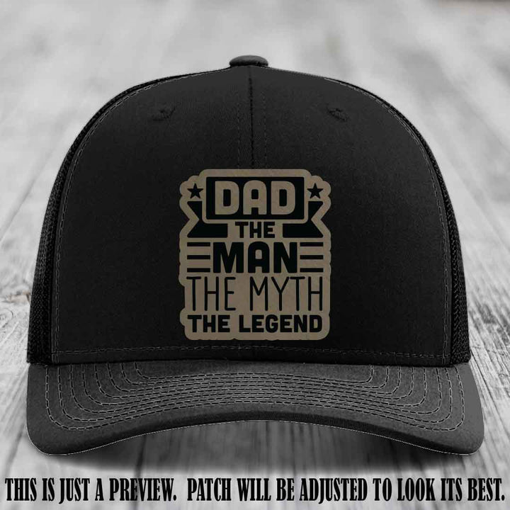 Dad The Man The Myth The Legend 🧢 Leather Patch Hat - Light Brown to Black Patch 🍻 on Black Hat - Funny Custom Leather Patch Hat