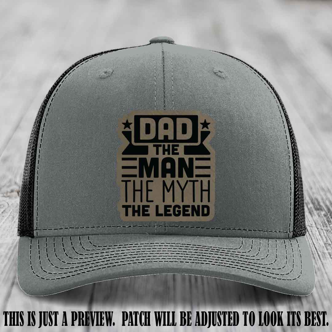 Dad The Man The Myth The Legend 🧢 Leather Patch Hat - Light Brown to Black Patch 🍻 on Heather Grey to Black Hat - Funny Custom Leather Patch Hat