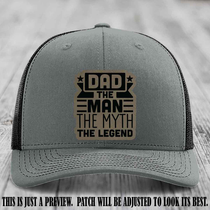 Dad The Man The Myth The Legend 🧢 Leather Patch Hat - Light Brown to Black Patch 🍻 on Heather Grey to Black Hat - Funny Custom Leather Patch Hat