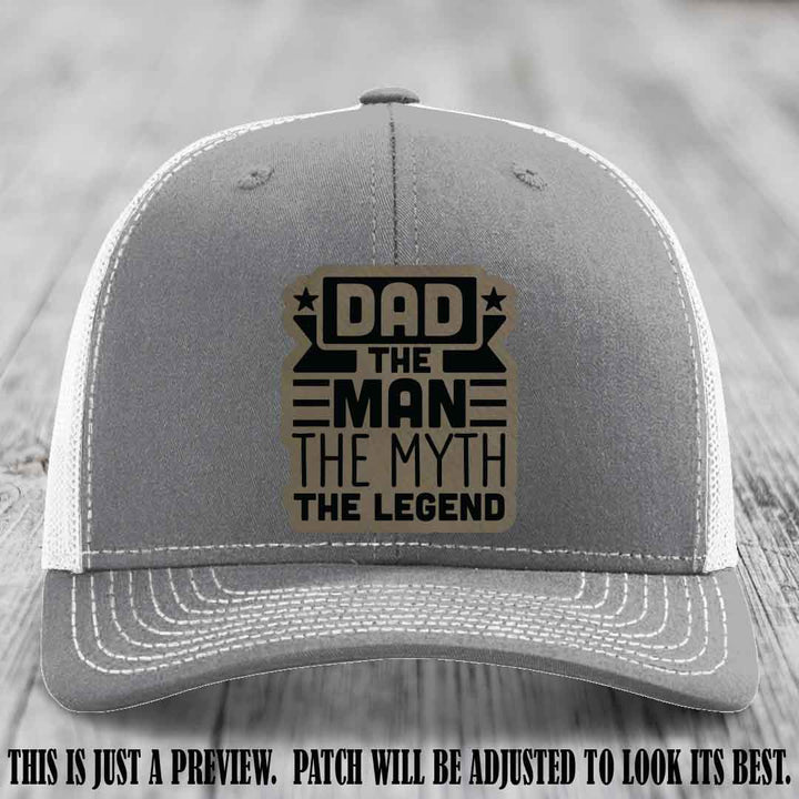 Dad The Man The Myth The Legend 🧢 Leather Patch Hat - Light Brown to Black Patch 🍻 on Heather Grey to White Hat - Funny Custom Leather Patch Hat