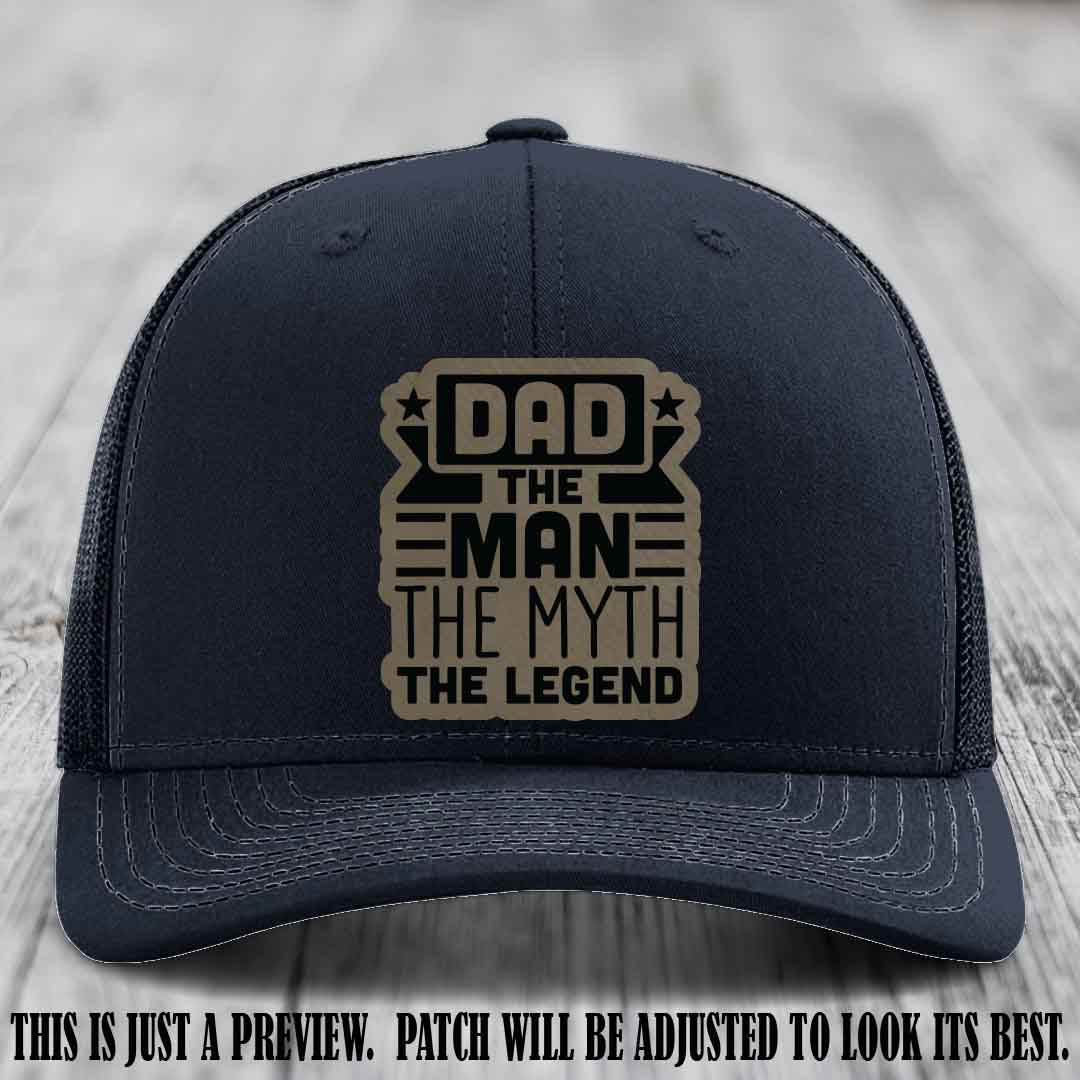 Dad The Man The Myth The Legend 🧢 Leather Patch Hat - Light Brown to Black Patch 🍻 on Navy Hat - Funny Custom Leather Patch Hat