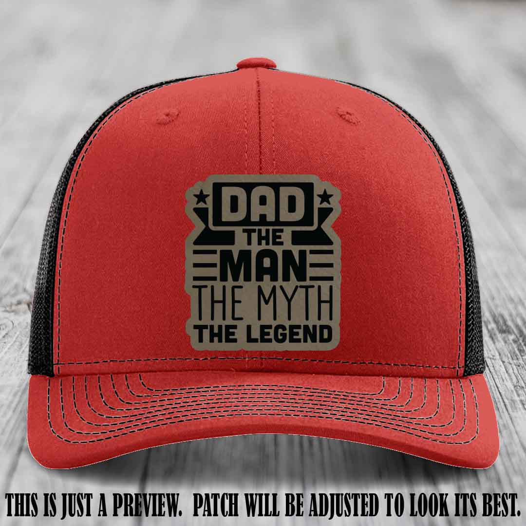 Dad The Man The Myth The Legend 🧢 Leather Patch Hat - Light Brown to Black Patch 🍻 on Red to Black Hat - Funny Custom Leather Patch Hat