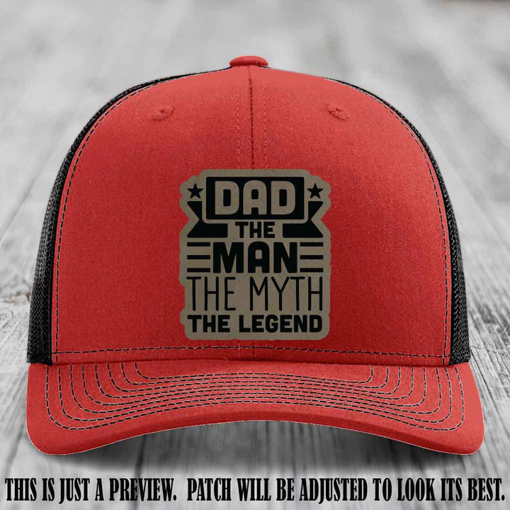 Dad The Man The Myth The Legend 🧢 Leather Patch Hat - Light Brown to Black Patch 🍻 on Red to Black Hat - Funny Custom Leather Patch Hat