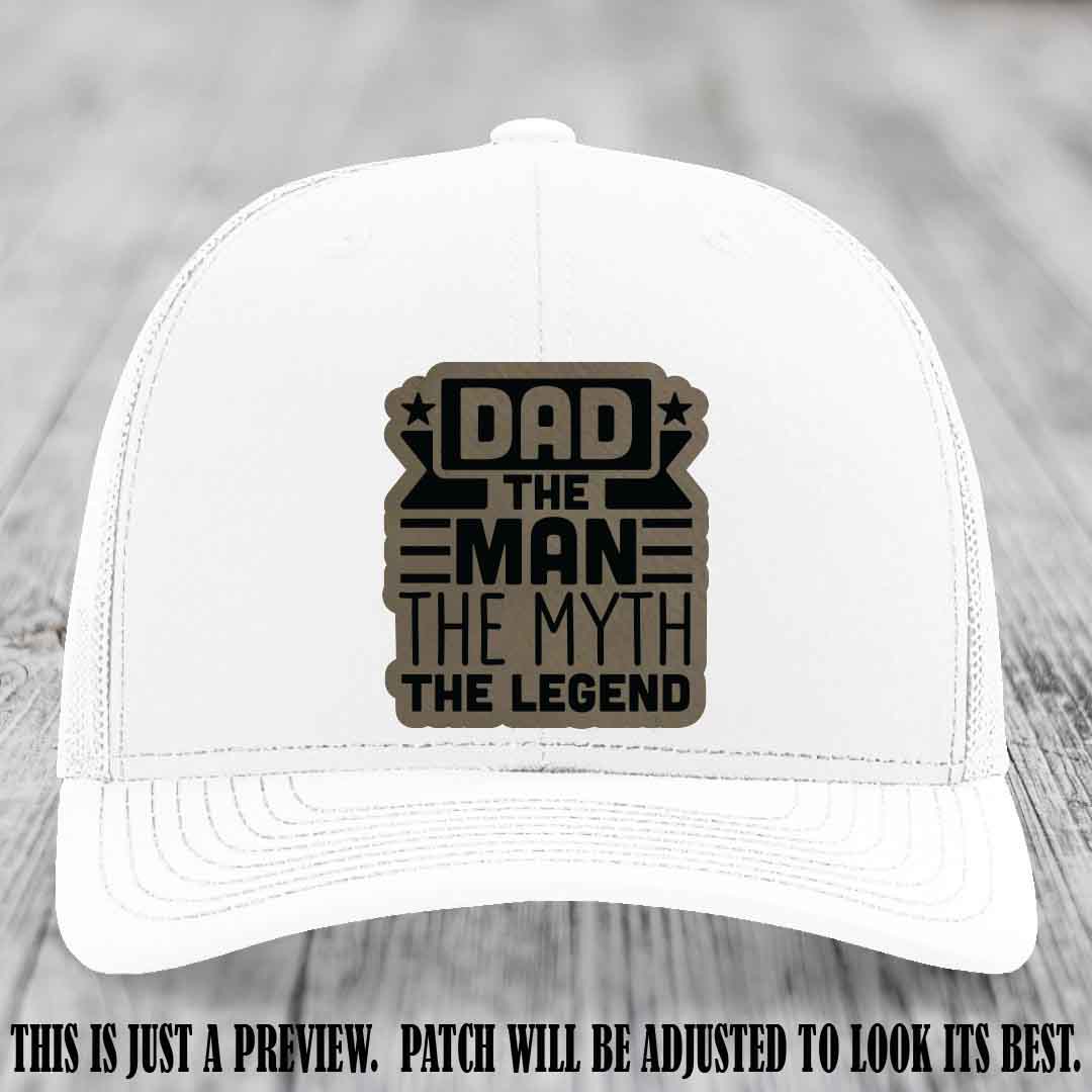 Dad The Man The Myth The Legend 🧢 Leather Patch Hat - Light Brown to Black Patch 🍻 on White Hat - Funny Custom Leather Patch Hat