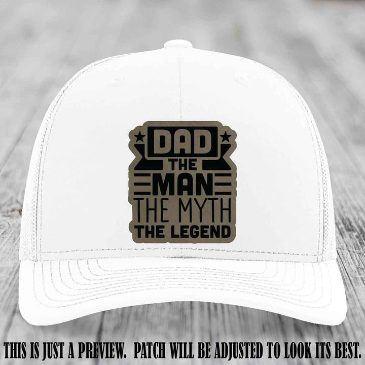 Dad The Man The Myth The Legend 🧢 Leather Patch Hat - Light Brown to Black Patch 🍻 on White Hat - Funny Custom Leather Patch Hat