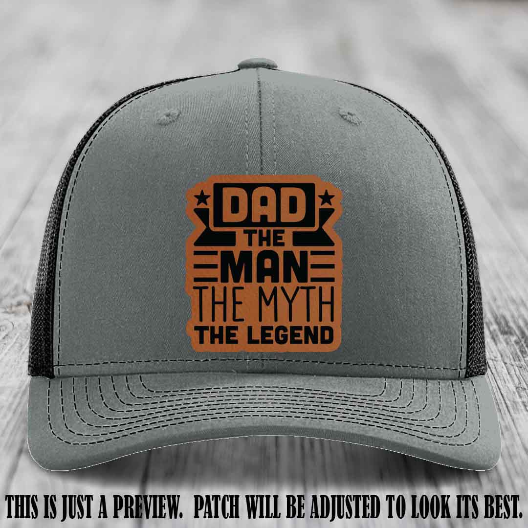 Dad The Man The Myth The Legend 🧢 Leather Patch Hat - Rawhide to Black Patch 🤠 on Heather Grey to Black Hat - Funny Custom Leather Patch Hat