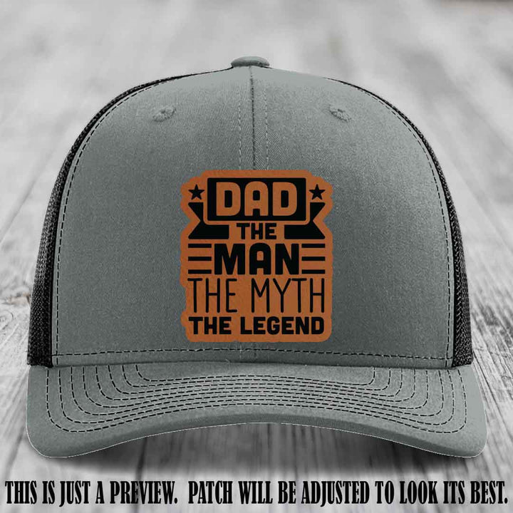 Dad The Man The Myth The Legend 🧢 Leather Patch Hat - Rawhide to Black Patch 🤠 on Heather Grey to Black Hat - Funny Custom Leather Patch Hat