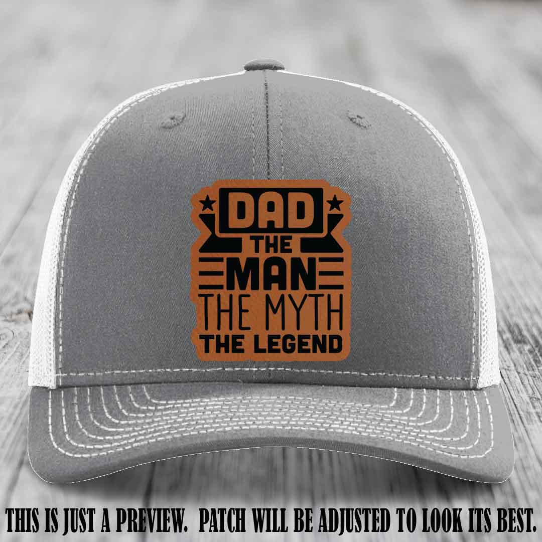 Dad The Man The Myth The Legend 🧢 Leather Patch Hat - Rawhide to Black Patch 🤠 on Heather Grey to White Hat - Funny Custom Leather Patch Hat