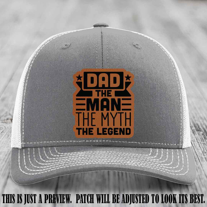 Dad The Man The Myth The Legend 🧢 Leather Patch Hat - Rawhide to Black Patch 🤠 on Heather Grey to White Hat - Funny Custom Leather Patch Hat
