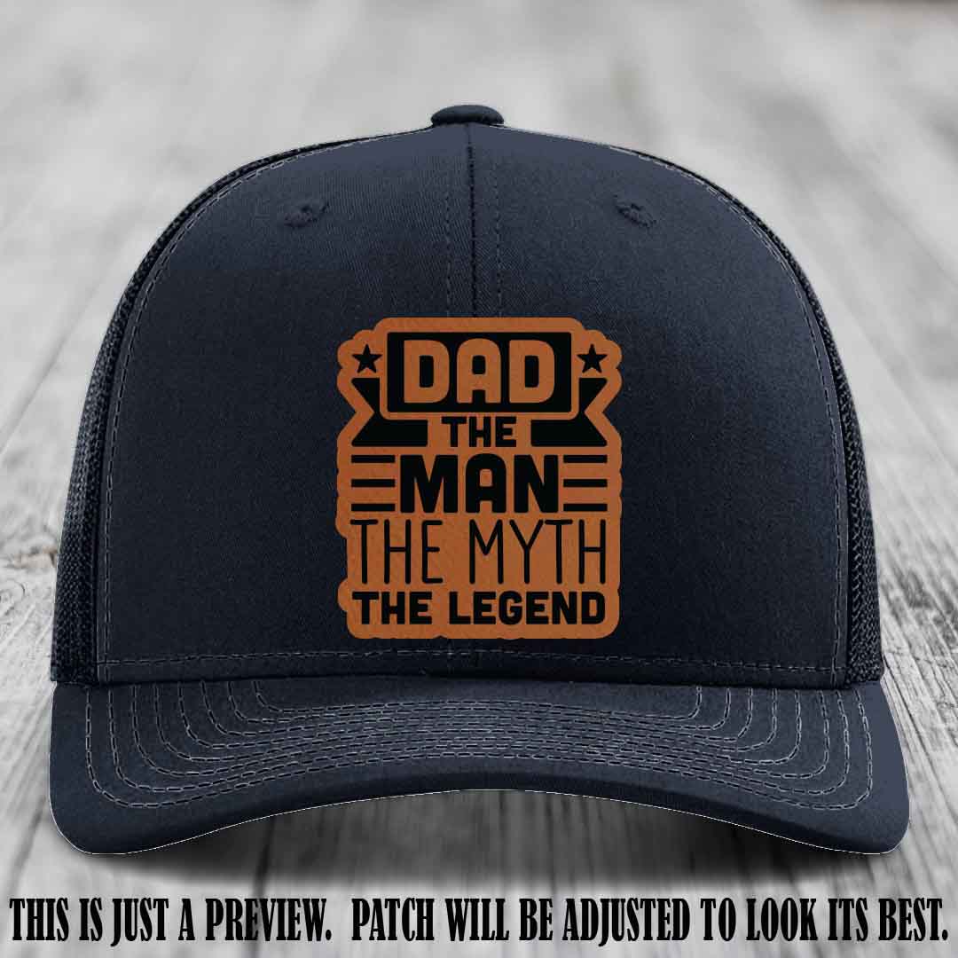 Dad The Man The Myth The Legend 🧢 Leather Patch Hat - Rawhide to Black Patch 🤠 on Navy Hat - Funny Custom Leather Patch Hat
