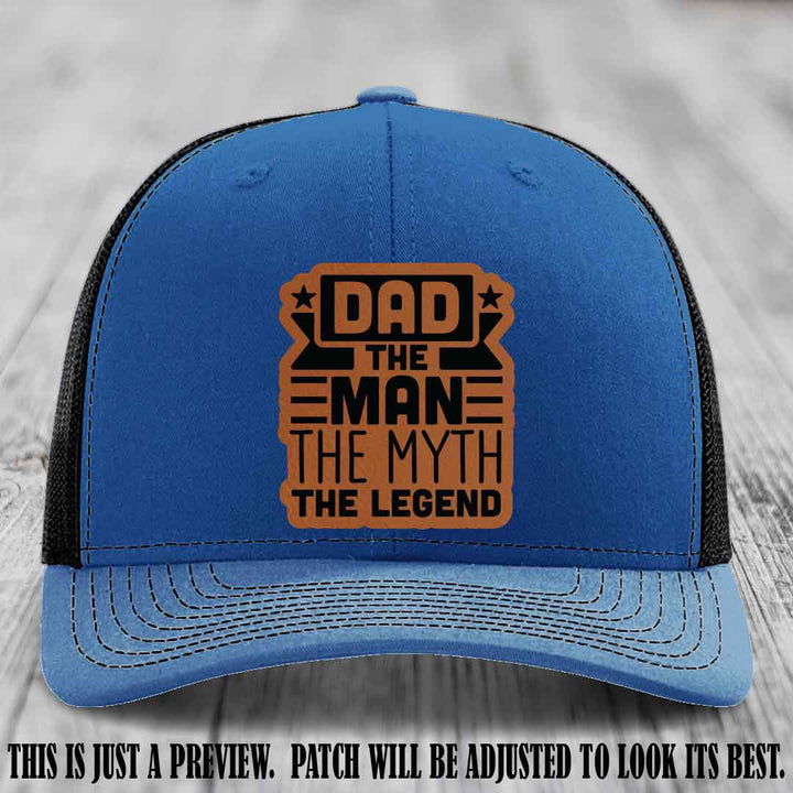 Dad The Man The Myth The Legend 🧢 Leather Patch Hat - Rawhide to Black Patch 🤠 on Royal to Black Hat - Funny Custom Leather Patch Hat