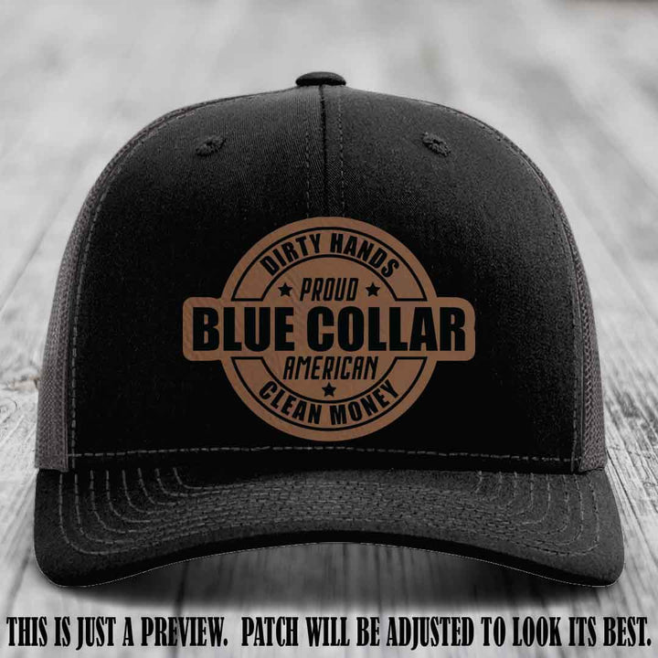 Dirty Hands Proud Blue Collar 🇺🇸💪 Leather Patch Hat with Dark Brown to Black Patch on Black to Charcoal Hat