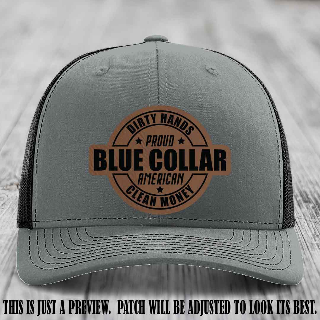 Dirty Hands Proud Blue Collar 🇺🇸💪 Leather Patch Hat with Dark Brown to Black Patch on Heather Grey to Black Hat