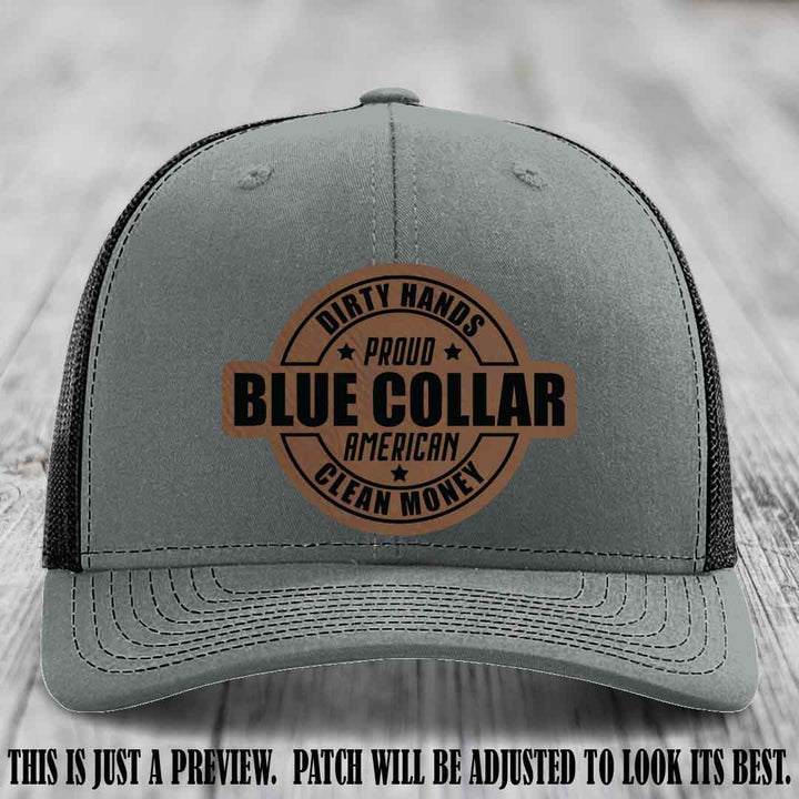 Dirty Hands Proud Blue Collar 🇺🇸💪 Leather Patch Hat with Dark Brown to Black Patch on Heather Grey to Black Hat
