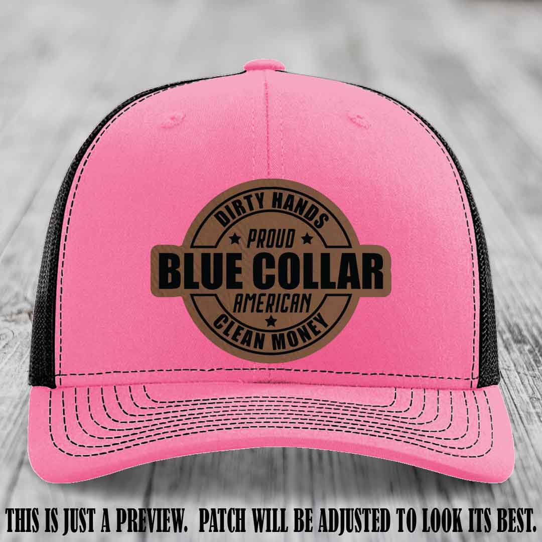 Dirty Hands Proud Blue Collar 🇺🇸💪 Leather Patch Hat with Dark Brown to Black Patch on Hot Pink to Black Hat