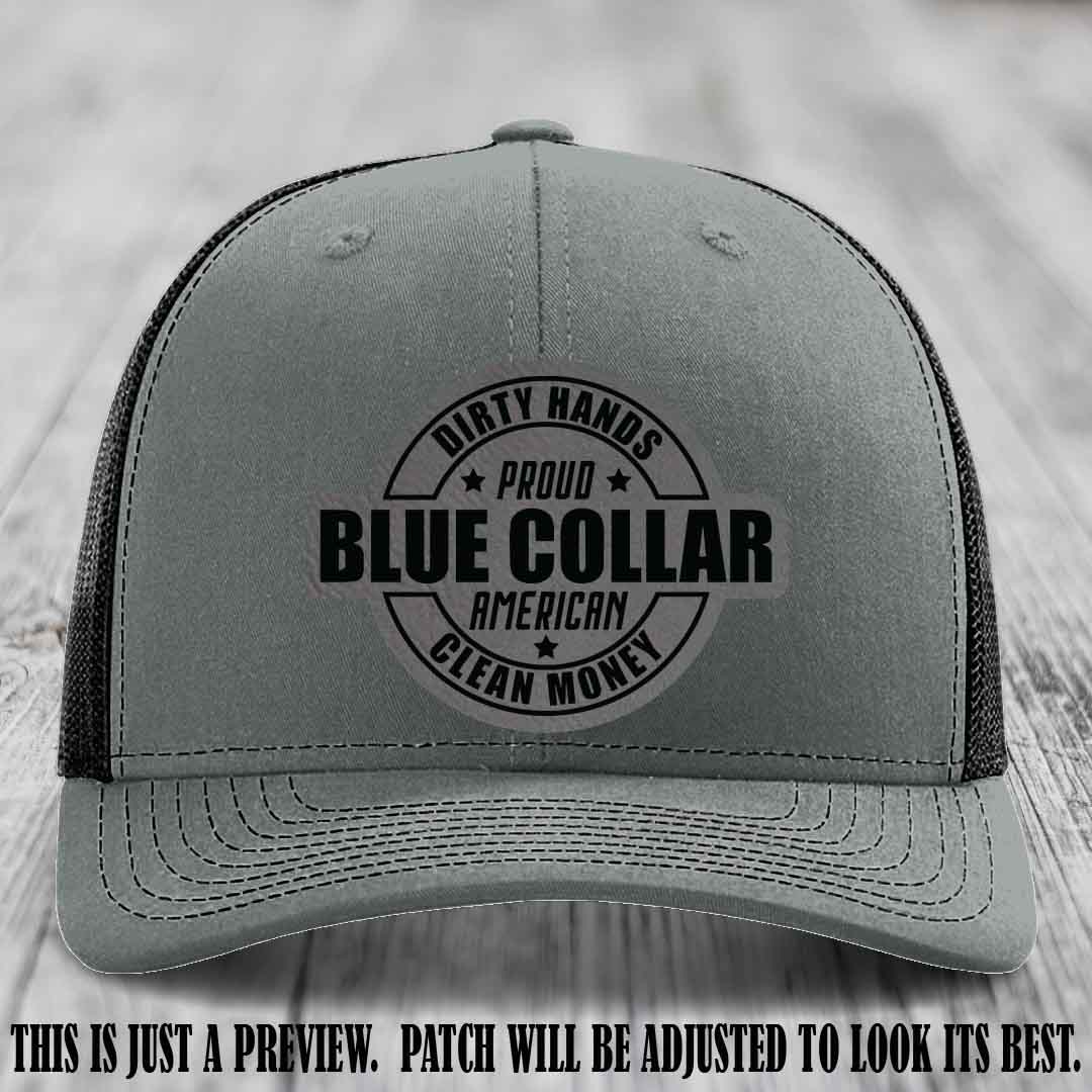 Dirty Hands Proud Blue Collar 🇺🇸💪 Leather Patch Hat with Grey to Black Patch on Heather Grey to Black Hat